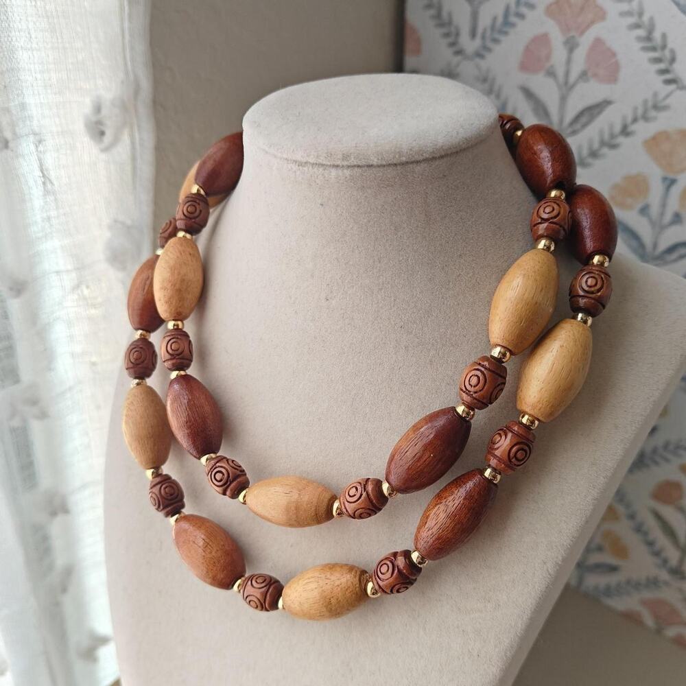 Bohemian long wooden beaded necklace